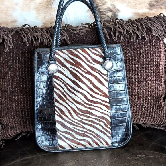 Vintage Brighten Hair on Hide Zebra and Croc Print with Silver Grommets Tote Bag - Picture 13 of 13